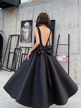 Picture of Black Color Satin Backless Tea Length Vintage Style Party Dresses, Black Color Short Prom Dresses